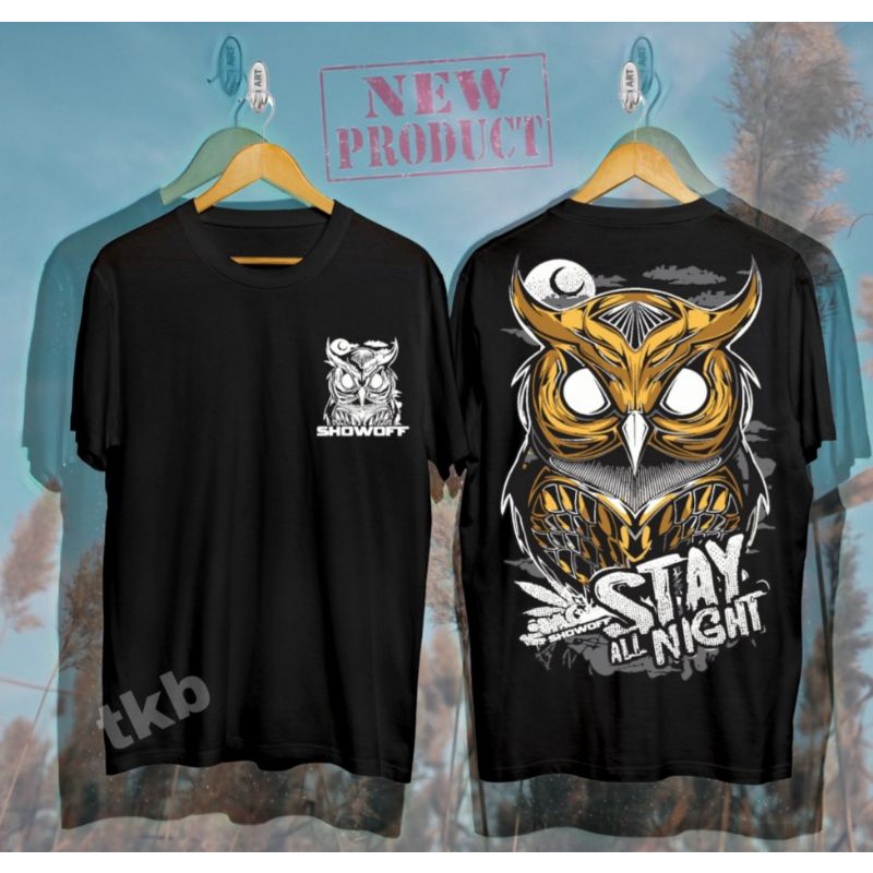 Baju kaos distro hitam pria dewasa kekinian stay all night burung hantu terbaru 2022 / baju kaos luf
