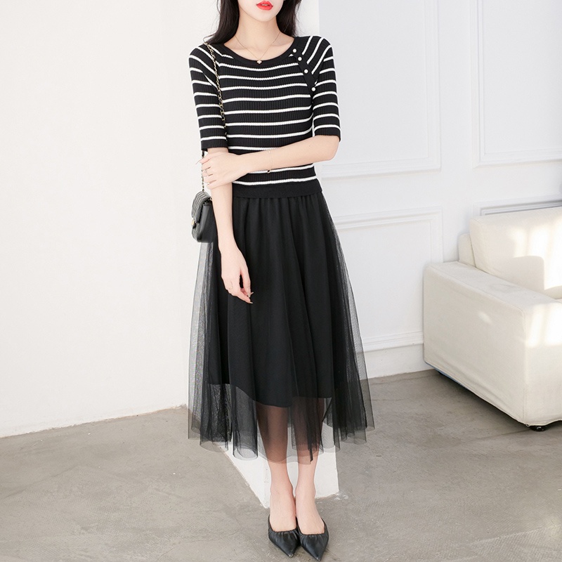 【Elegant】 Korean Solid Hem stitching Gauze Premium Knit Dress  7367