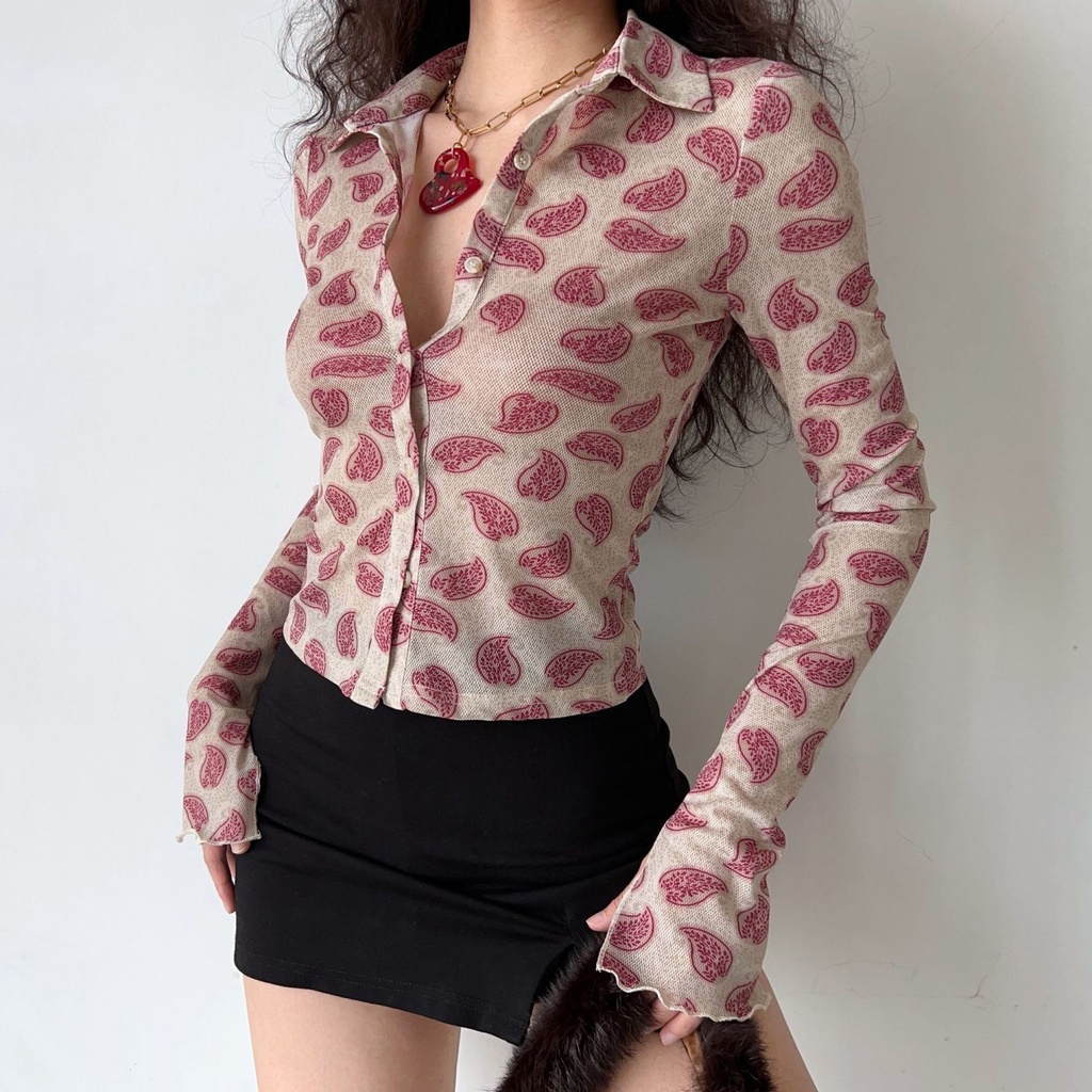 Buatan rumah American Retro Slim Fit Lapel Sexy Super Long Sleeve Printed Shirt Women s Slim Shirt