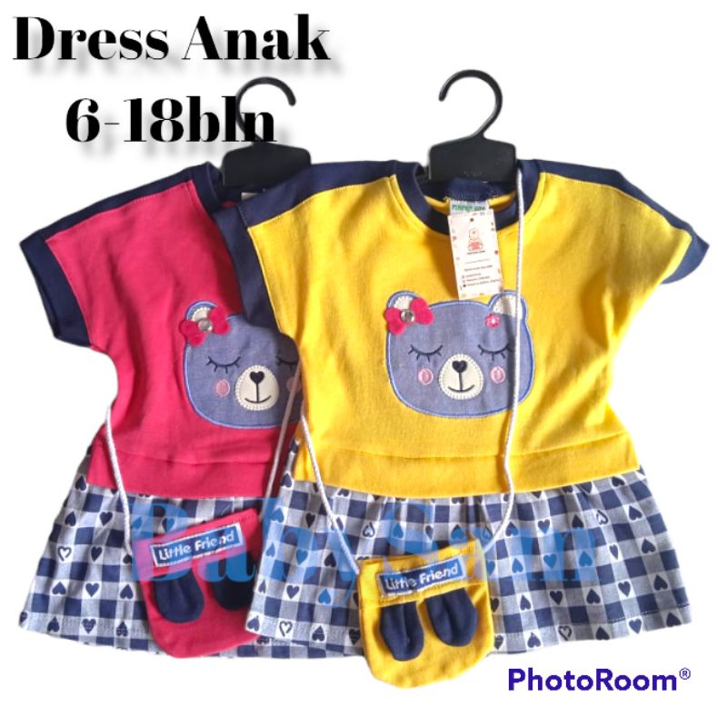 Dress Anak Pumpkin Kids Motif  Bear Size 6-18Bulan Free Tas Lucu