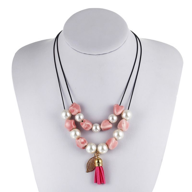 BISA COD Kalung Rantai Panjang Liontin Mutiara Rumbai Pink Necklace Lucu