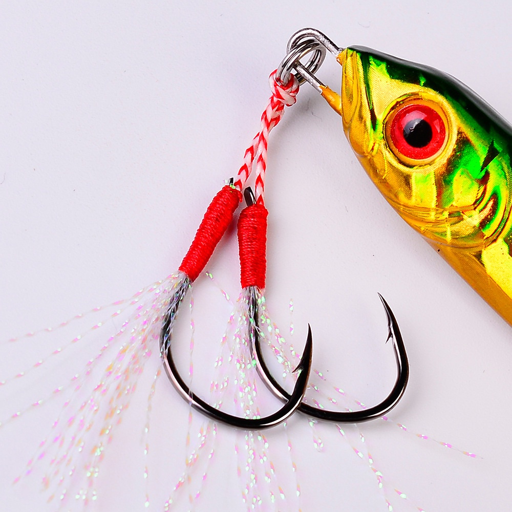 REBUY Fishing Tackle Fishing Jigging Hook Fishing Lure Jig Head Hook Double Jig Hooks Slow Jigging Fishing Hook High Carbon Steel Pesca Thread Feather Fishing Accessories Double PairHooks