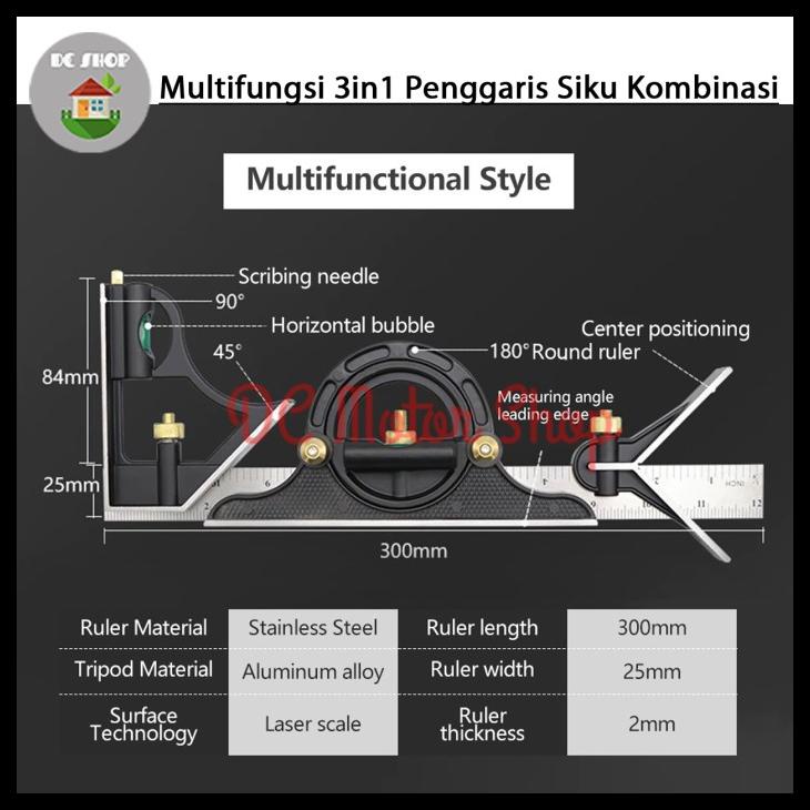 

Penggaris Siku Multifungsi 3In1 Sudut Kombinasi Square Waterpass 300Mm