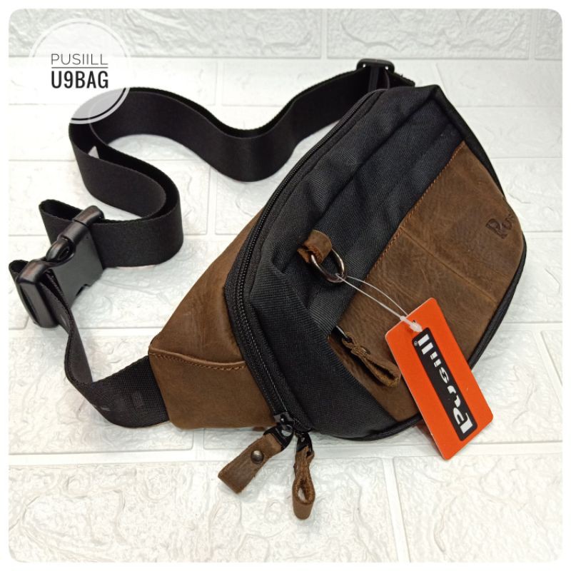 Pusiill A0.02black/waistbag kombinasi kulit asli+courdura/kulit sapi