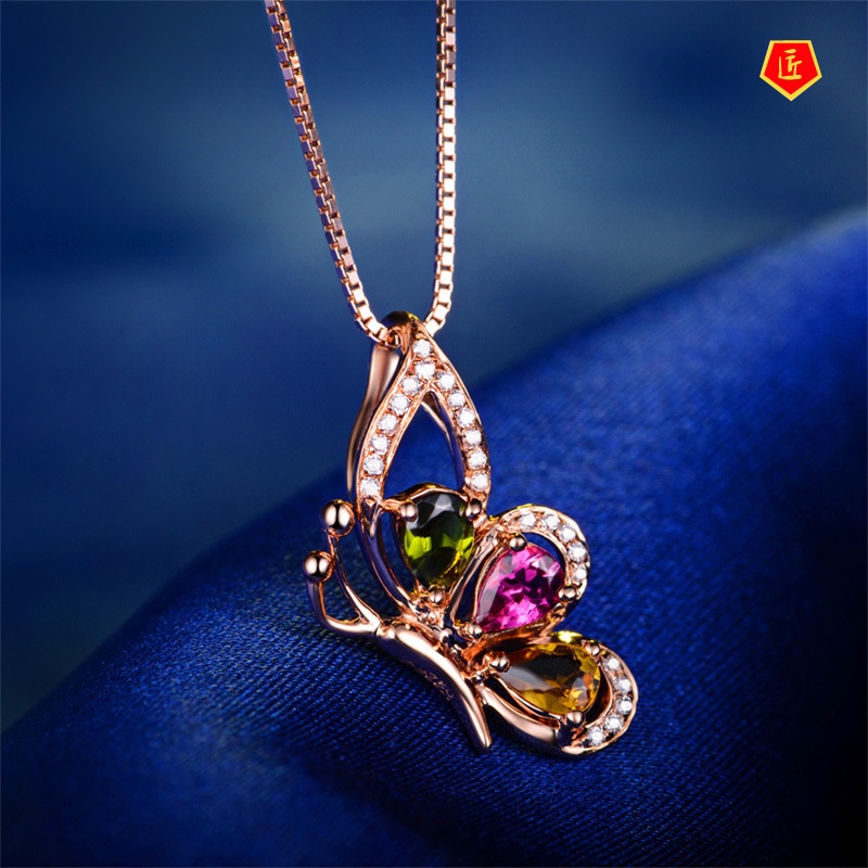 [Ready Stock]Colorful Gem Water Drop Pendant 18K Rose Gold