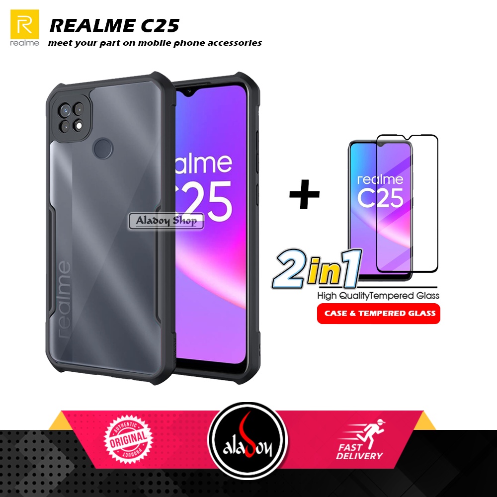 PAKET 2 IN 1 Case Realme C25 Armor Fusion Transparent Prmium Casing Free Tempered Glass