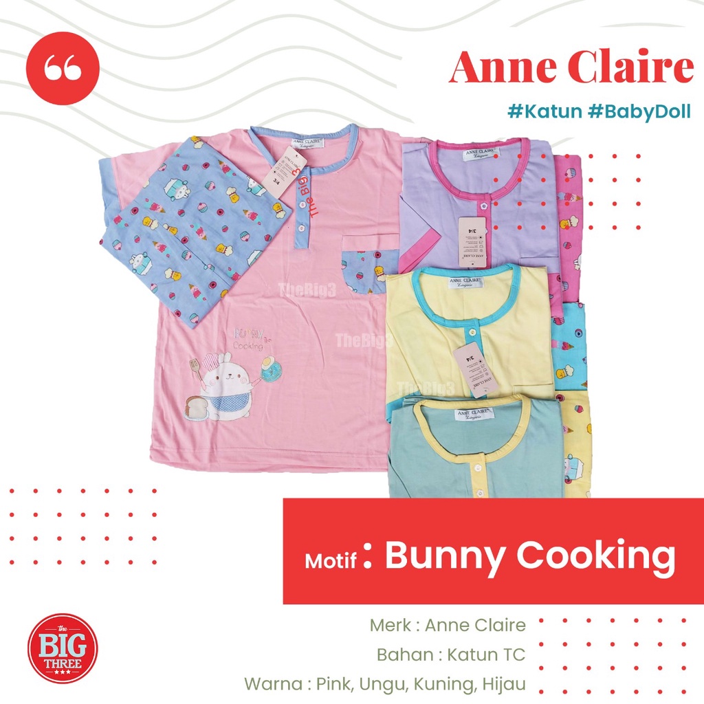 ANNE CLAIRE Setelan Lengan Pendek Celana Pendek Panjang All size BabyDoll Baju Tidur BUNNY COOKING