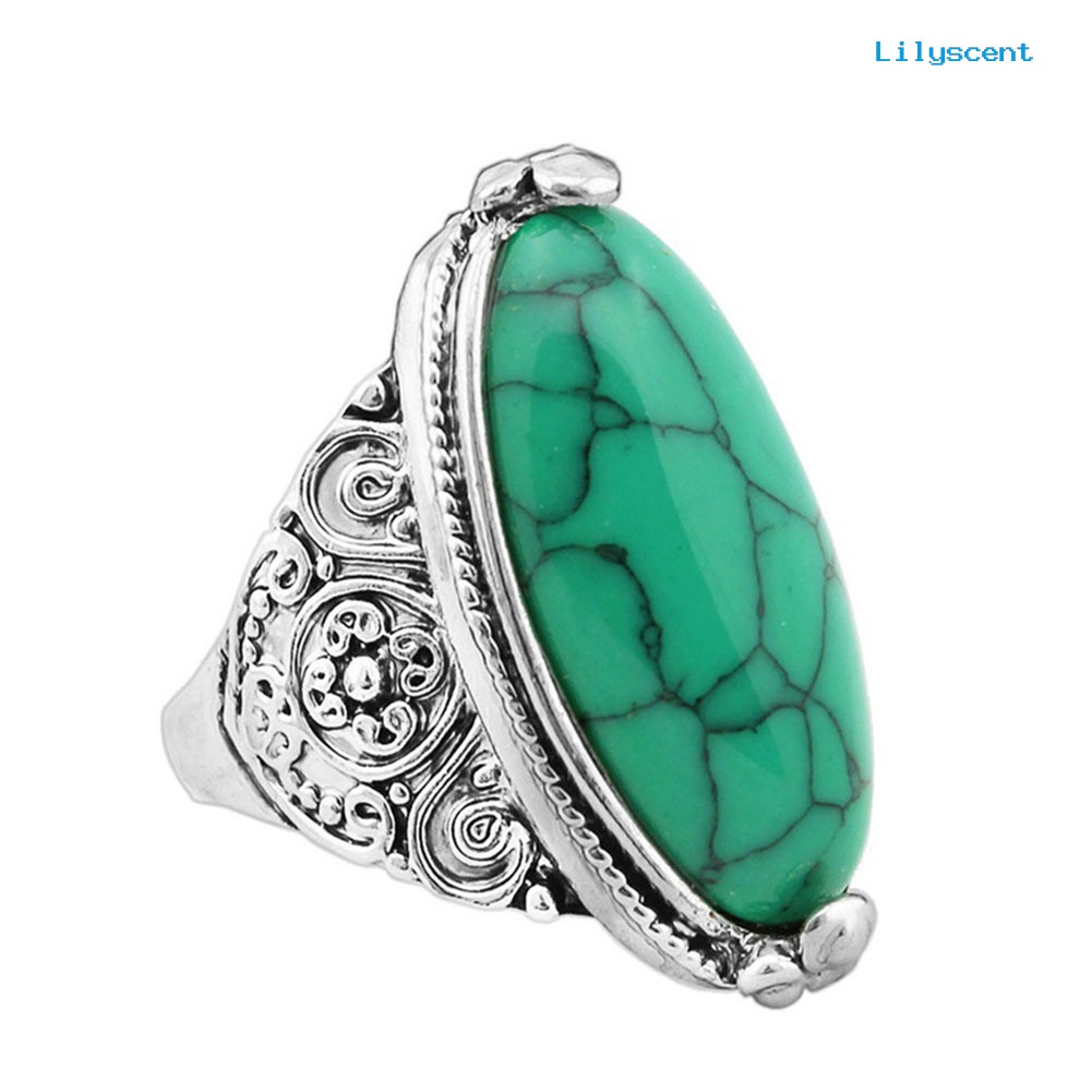 Ls Cincin Lapis Silver Antik Gaya Boho Vintage Dengan Turquoise Oval Untuk Wanita