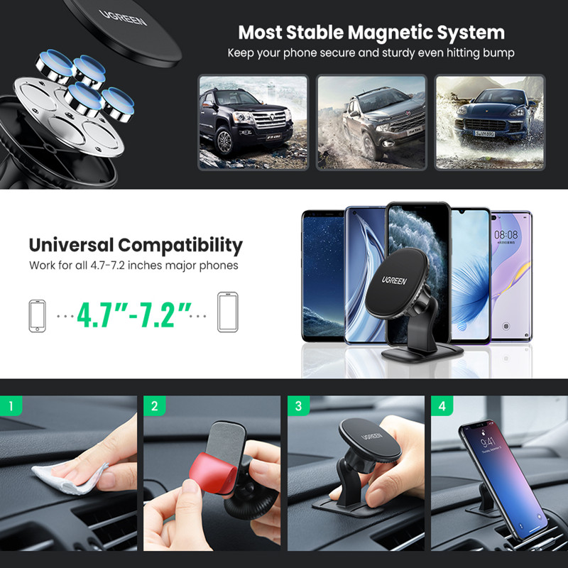 UGREEN Strong Magnetic Car Phone Holder with 3M Adhesive for 4.7''-7.2'' Mobile Phones 360° Rotation Phone Stand