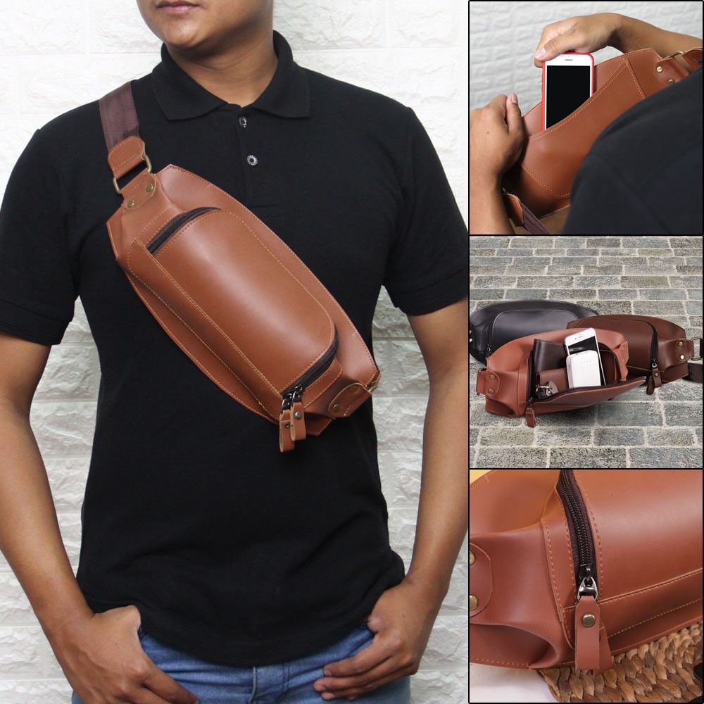 TAS SELEMPANG PRIA WAISTBAG COWOK MASKULIN KASUAL PAS BUAT HANGOUT BAHAN PU LEATHER TEBAL EWLO5