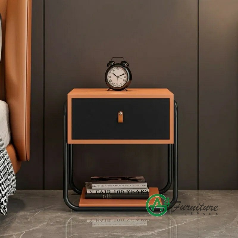 Meja Nakas Minimalis Hospon Rangka besi Kombinasi Kayu Mahoni
