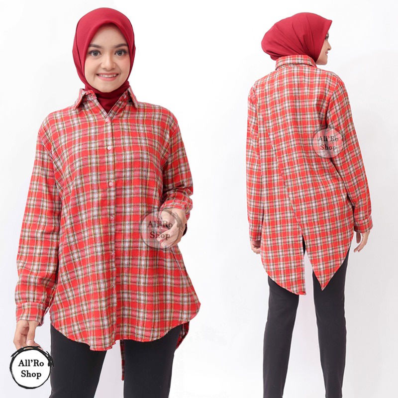 Kemeja Wanita Lengan Panjang Kemeja Flanel Kotak kotak Casual Kemeja Katun Flanel Premium Ukuran Jumbo ARS