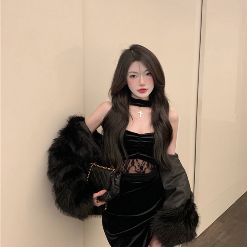 midi dress korea small harum lace suspender dress one word neck halter black bag hip short skirt wom