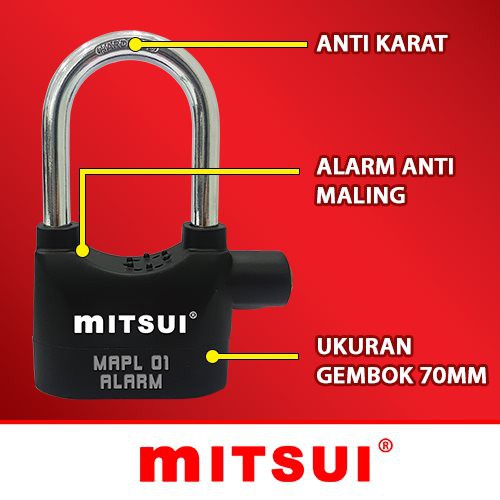 Gembok Alarm Anti Maling Ring Panjang + Baterai Cadangan merk Mitsui