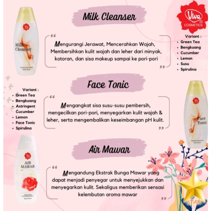 VIVA Milk Cleanser dan Face Tonic bengkoang100ml Air Mawar (Susu pembersih / Toner Penyegar)