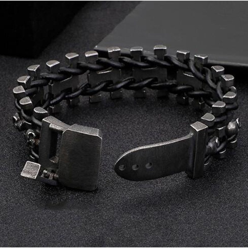 Gelang Rantai Bahan Kulit Stainless Steel Warna Hitam Gaya Punk Rock Hip Hop Untuk Pria