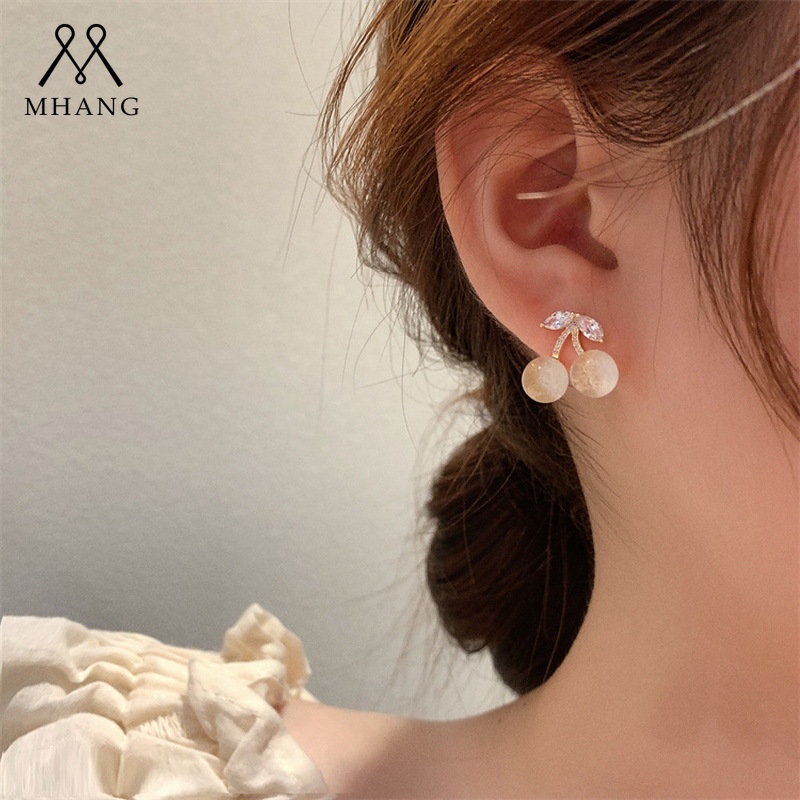 Anting Stud Hias Manik-Manik Kristal Bentuk Cherry Opal Zircon Gaya Korea Untuk Wanita