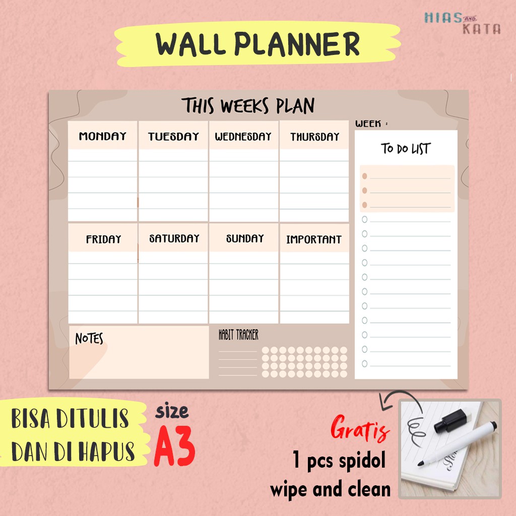 

Weekly Planner wall Week Plan with Habit Tracker,notes & to do list size A3