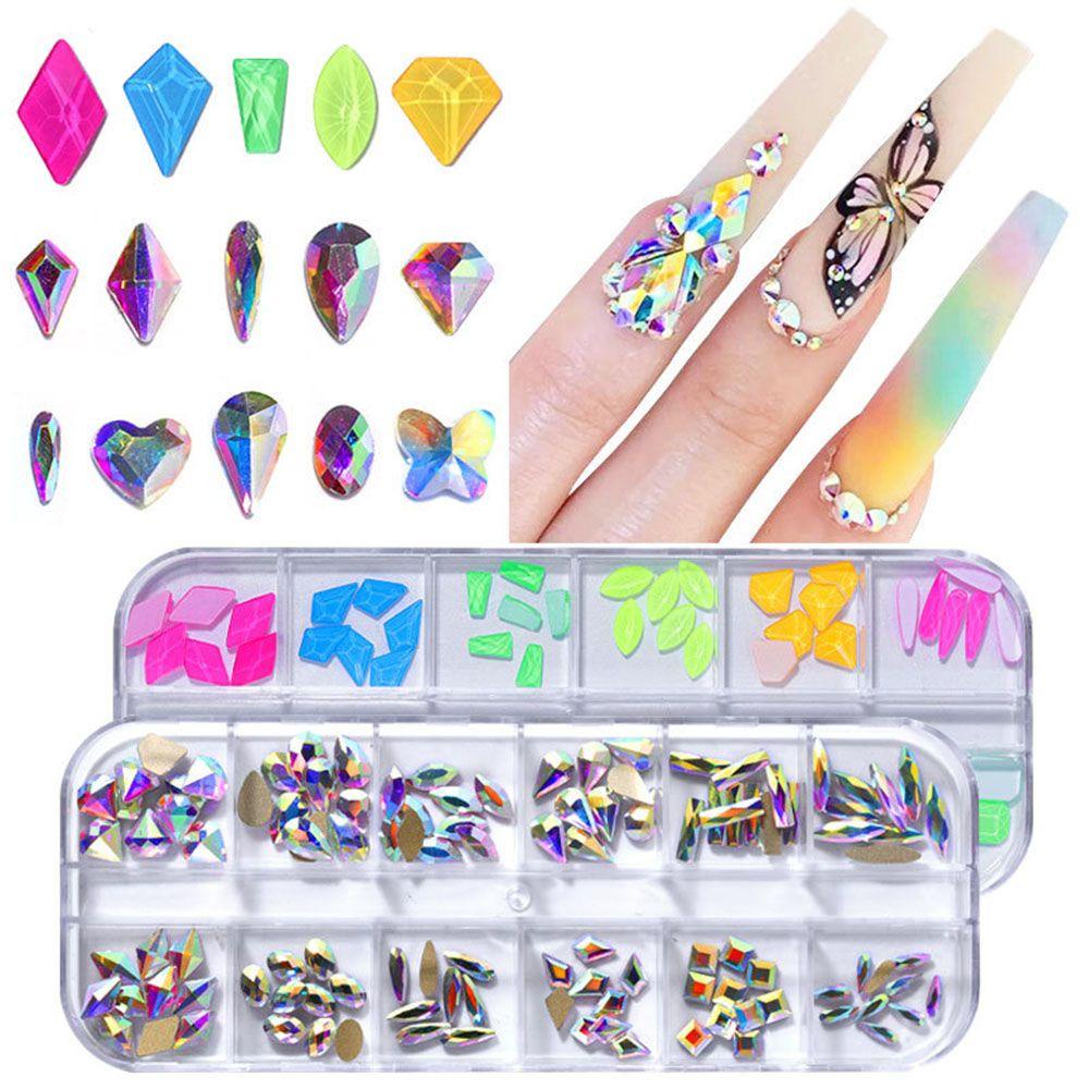 AUGUSTINA Agustina Kuku Berlian Buatan Set DIY Multi Bentuk Dotting Pen AB Kaca Flatback Rhinestones Pesona Shiny Manicure