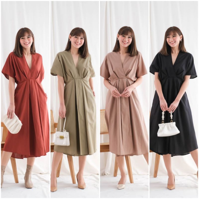 ❣️SPECIAL PRICE ♡ PREMIUM ♡ ORIGINAL ! NATHANIA VINTAGE BIG SIZE KIMONO V-NECK SLING PLAIN SLIT MIDI DRESS