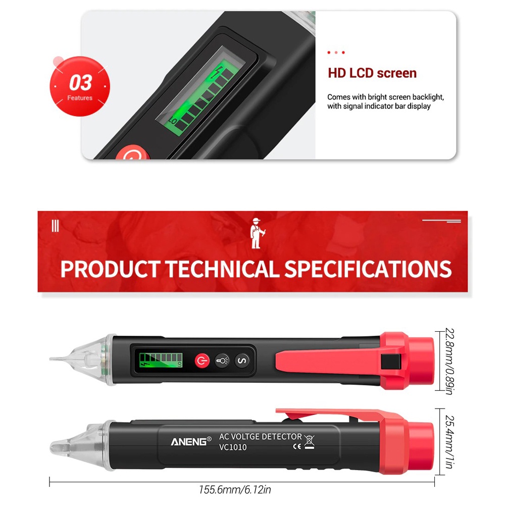 ANENG Tester Pen Non Contact AC Voltage Alert Detector 12V-1000V - VC1010 - Red