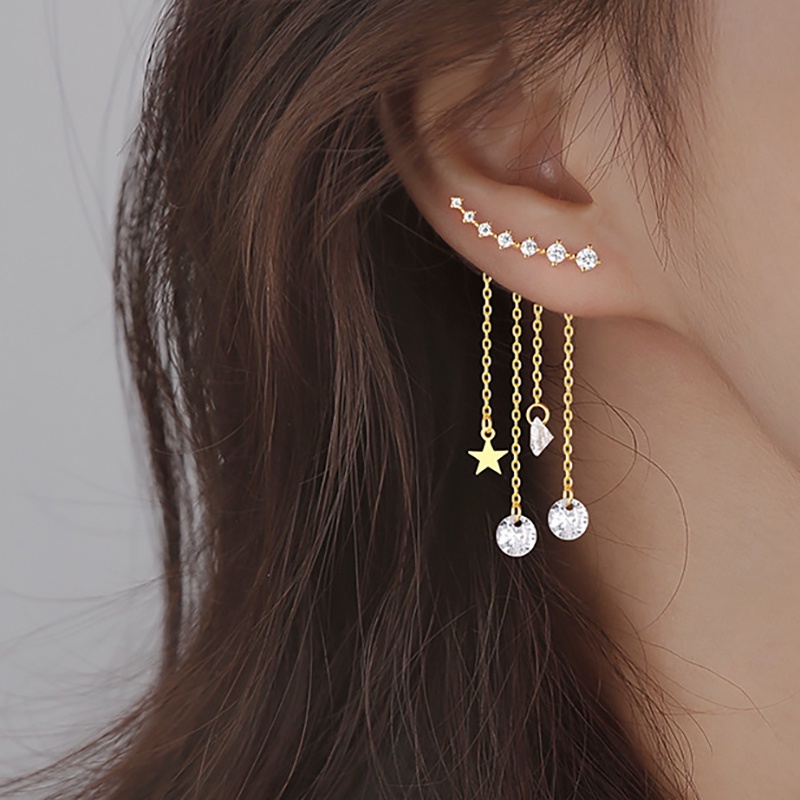Anting Gantung Panjang Tusuk Gaya Korea Motif Bintang Aksen Kristal + Rumbai Untuk Perhiasan Wanita