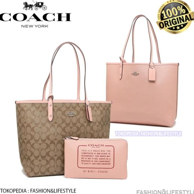 Coach City Reversible Tote Bag Signature Canvas Khaki Pink Original