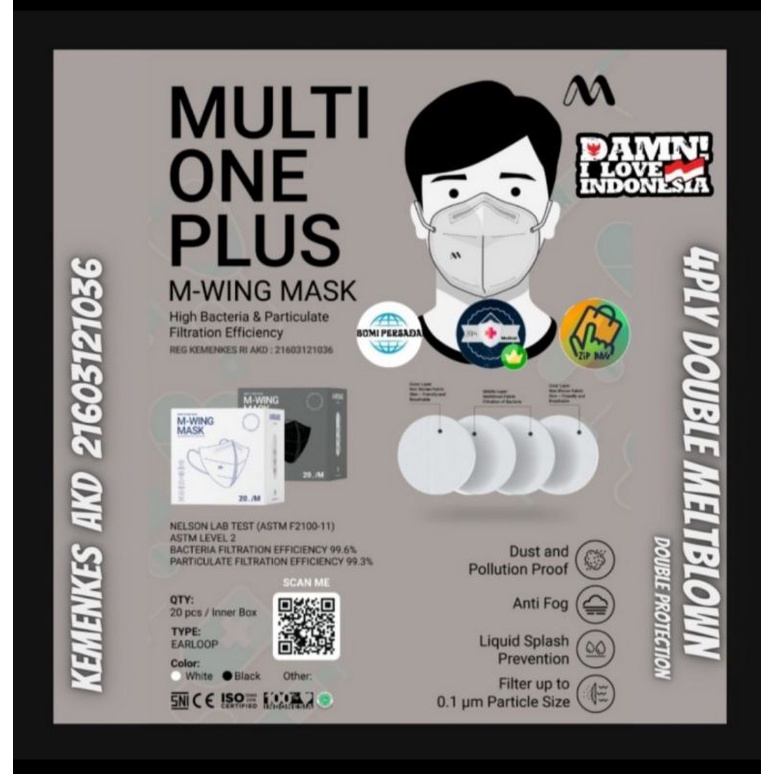 Multi One Plus Masker Mwing  KN95 4ply Double Nano Meltblown 4 ply Kemenkes AKD KN 95 isi 20 pcs