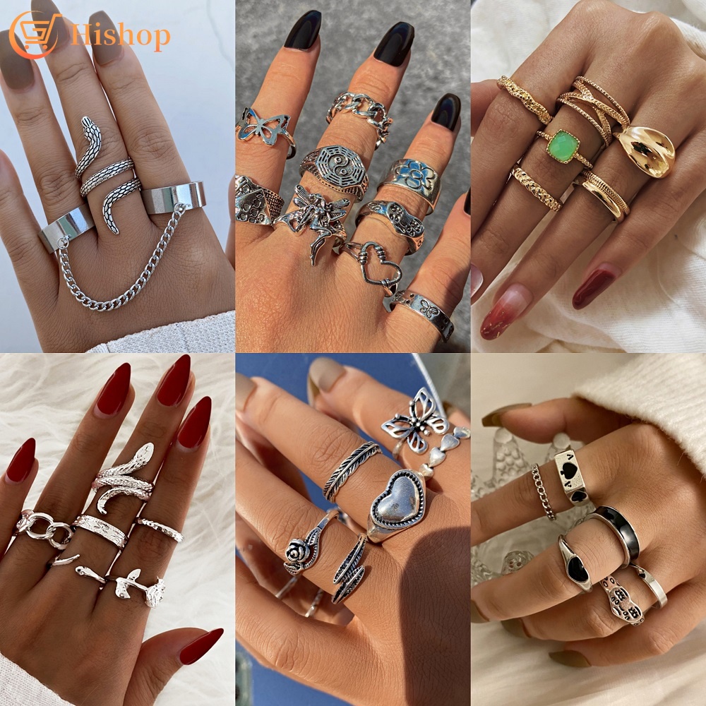 Set Cincin Desain Ular Butterfly Bahan Metal Gaya Punk Vintage Untuk Wanita