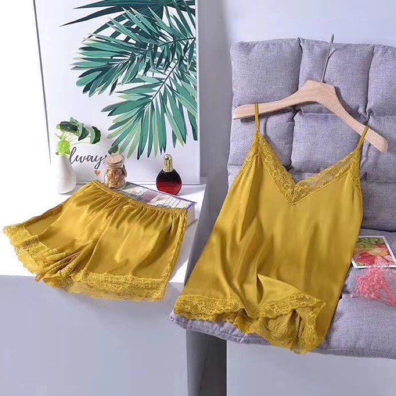 Setelan Piyama Baju Tidur Wanita Camisole Silk Satin 085 085 Polos Elegan Adem Silky Premium Quality-085 Yellow