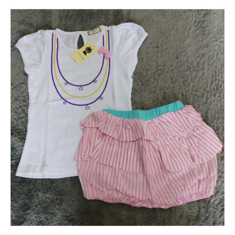 Setelan anak perempuan Ebuty 9-1 top + pants ruffle stripe pink