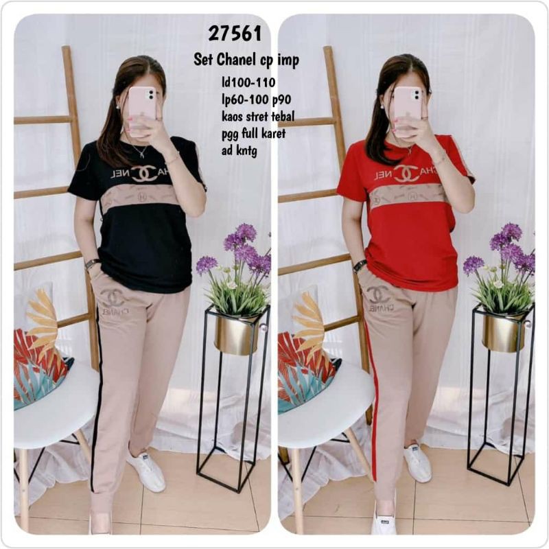 SETELAN KAOS OBLONG+CELANA WANITA IMPORT PREMIUM CHANEL 27561