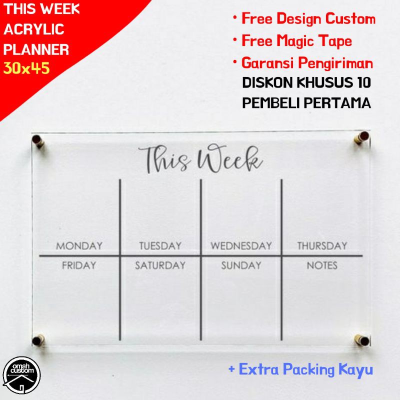 

Acrylic Weekly Planner Jadwal Mingguan This Week Akrilik Free Custom Design dan Warna Tulisan