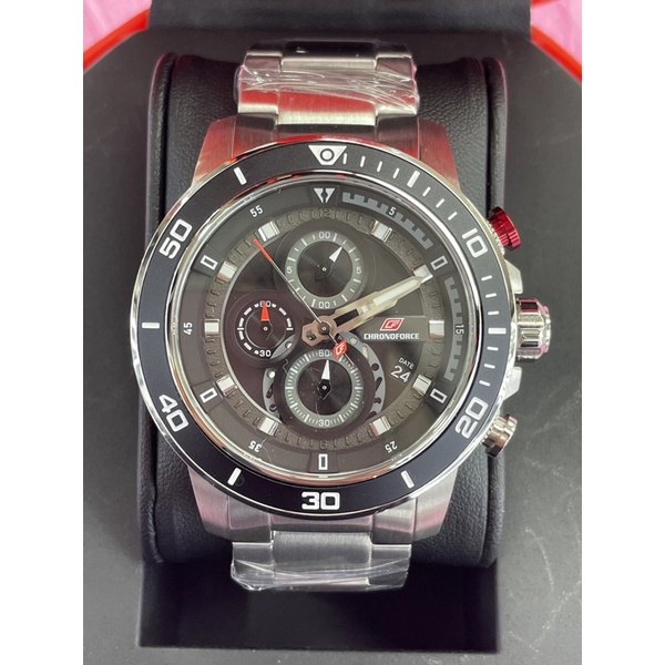 chronoforce 5331g pria silver ring hitam plat hitam