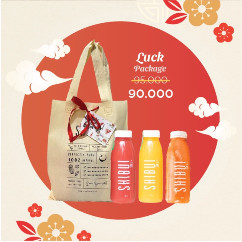 

Hampers Luck (include bag, hiasan pita, kartu ucapan dan 3 macam jus)