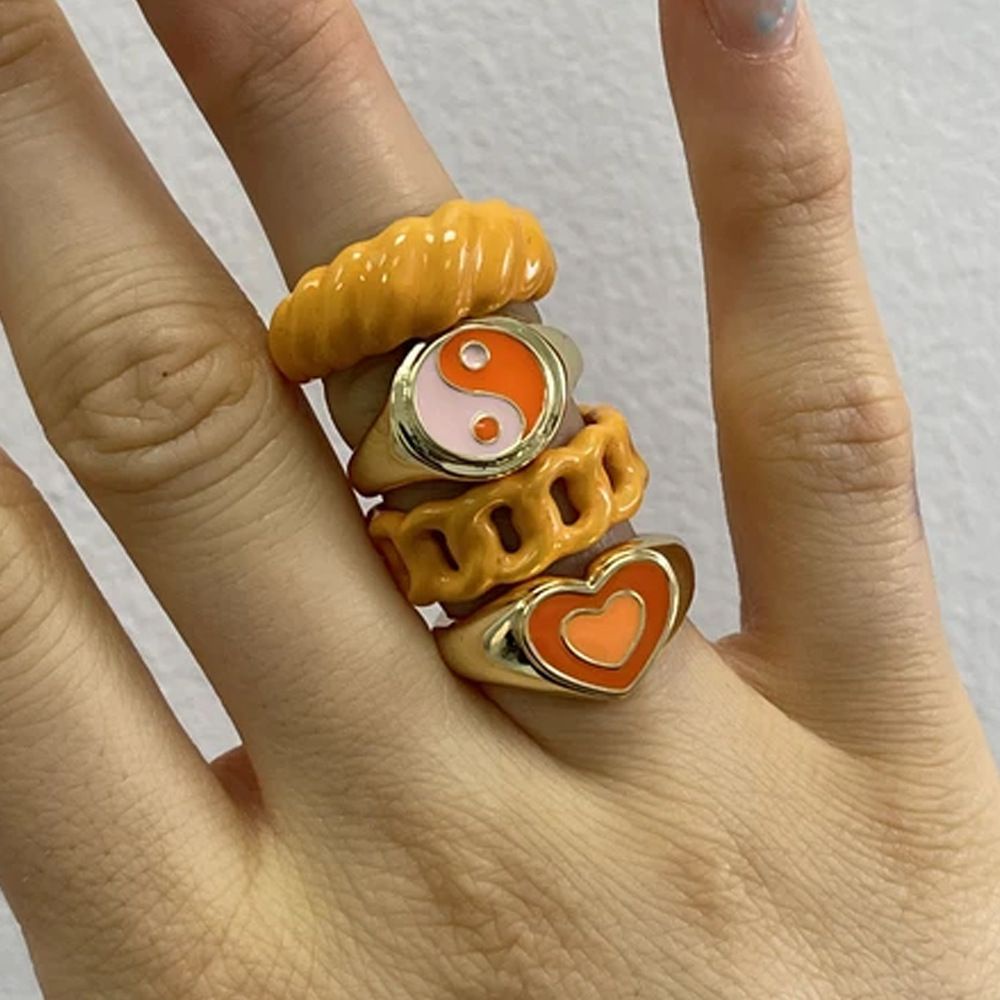 Needway  Colorful Heart Rings Simple Finger Rings Open Ring Dripping Oil Creative Korean Temperament Vintage Double Layer Love Fashion Jewelry