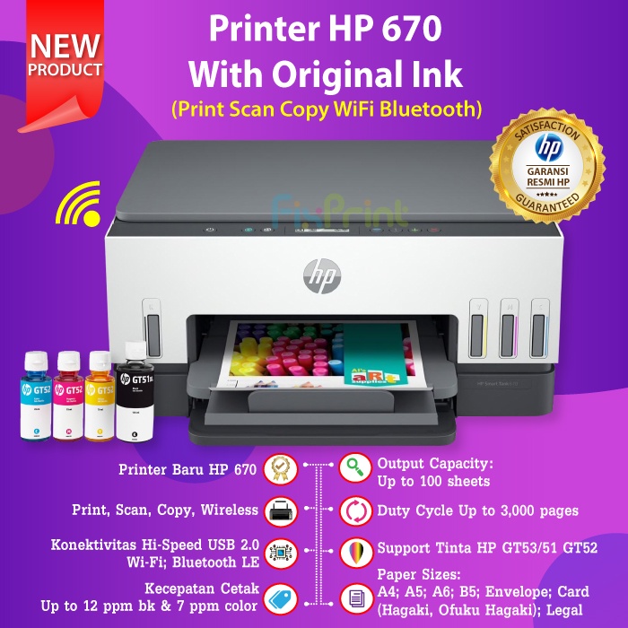 Printer HP Smart Tank 670 All in One Print Scan Copy WiFi Bluetooth