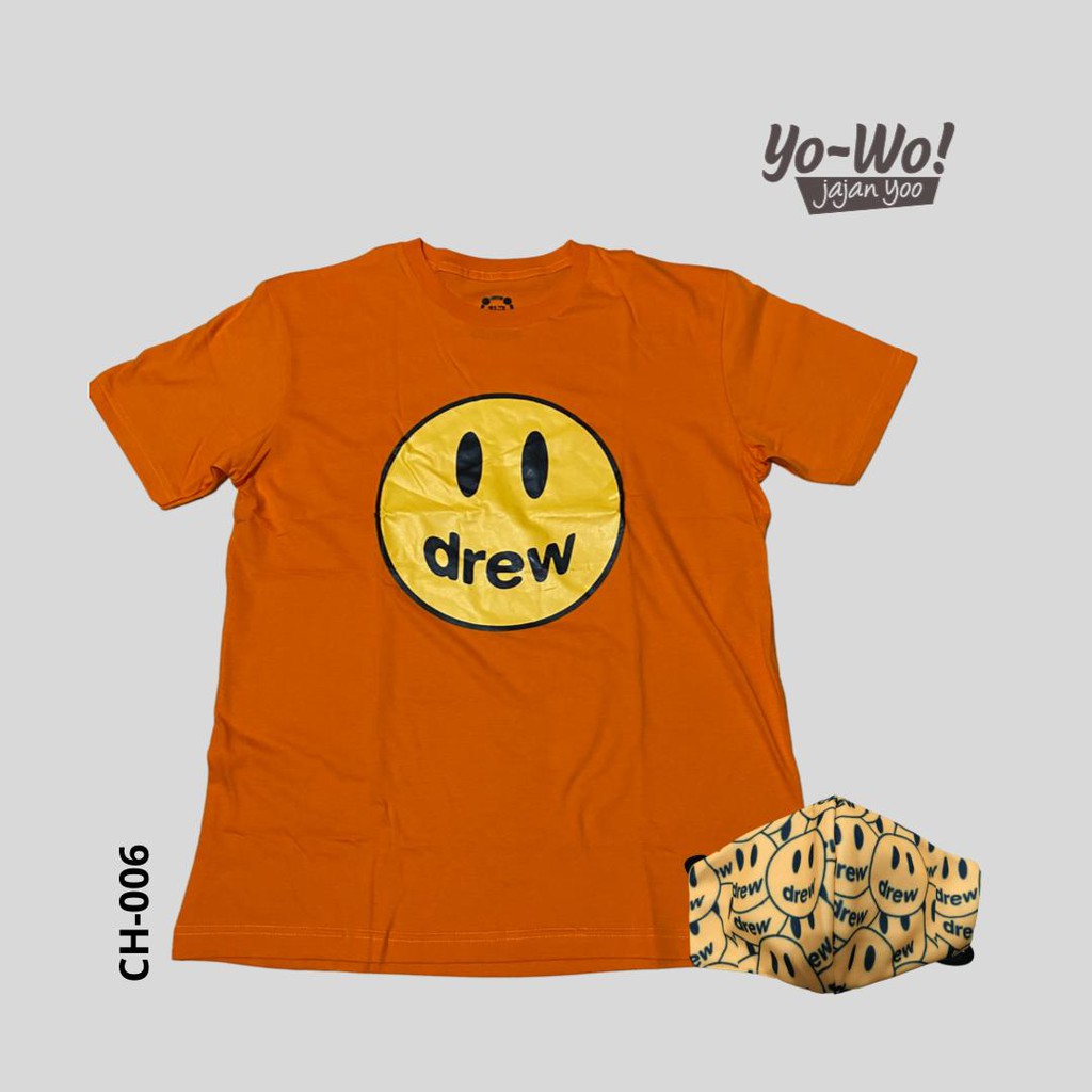 Paket Crewneck Tshirt dan Masker Hypebeast Drew Smile Orange by YoWo