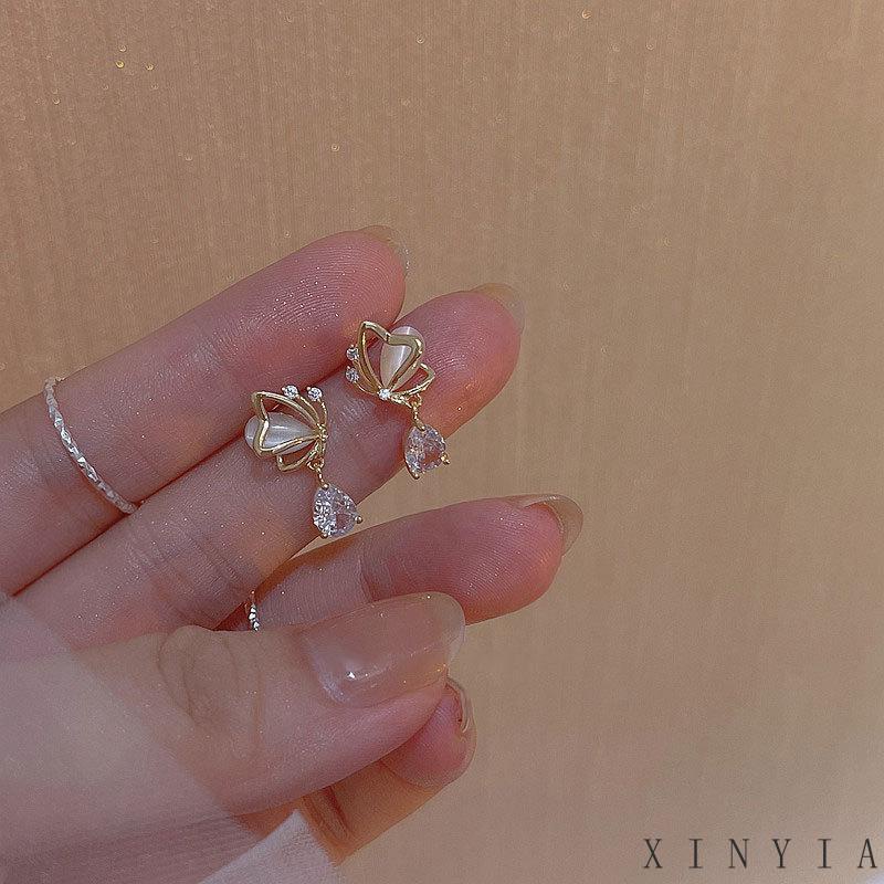 Anting Stud Desain Kupu-Kupu Hati Water Drop Bahan Zirkon Opal Untuk Wanita