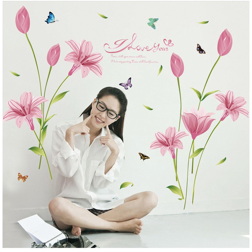 RELIZA WALL STICKER BUNGA LILY PINK FLOWERS SK9122C STIKER DINDING