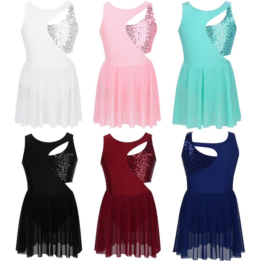 PREORDER Anak Gadis Tanpa Lengan Berkilau Payet Asimetris Gambar Ice Skating Dress Tutu Balet