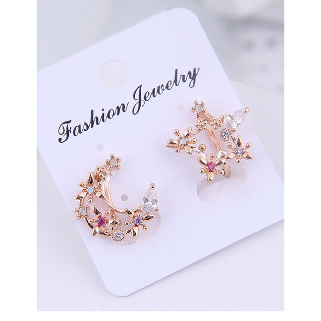 LRC Anting Tusuk Fashion Gold Copper Micro-inlaid Zircon Star And Moon Asymmetrical Ear Clip A58664