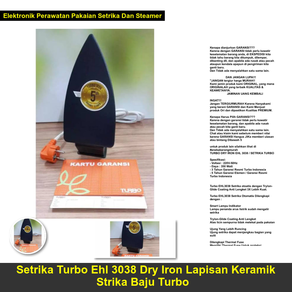 Setrika Turbo Ehl 3038 Dry Iron Lapisan Keramik Strika Baju Turbo Shopee Indonesia