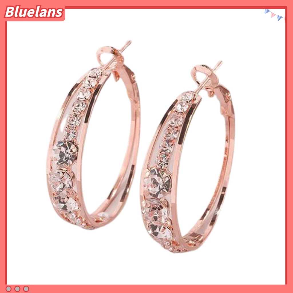 1 Pasang Anting Hoop Berlian Imitasi Bentuk Lingkaran Warna Rose Gold Untuk Wanita