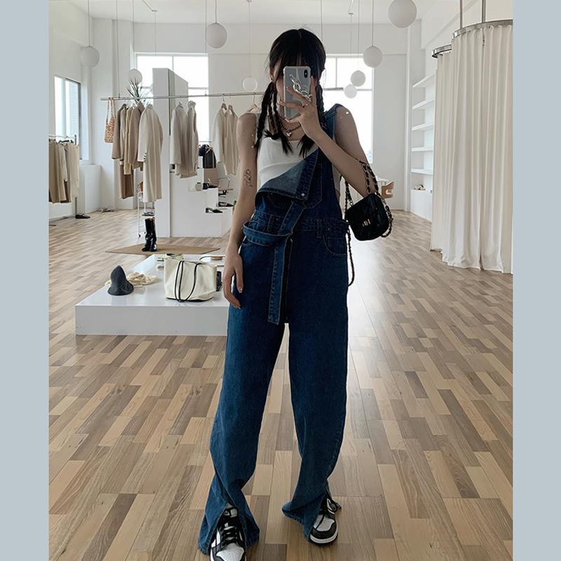 Suhao Baru keseluruhan slits slits vintage celana jeans wanita garis garam lurus kaki lebar jumpsuit