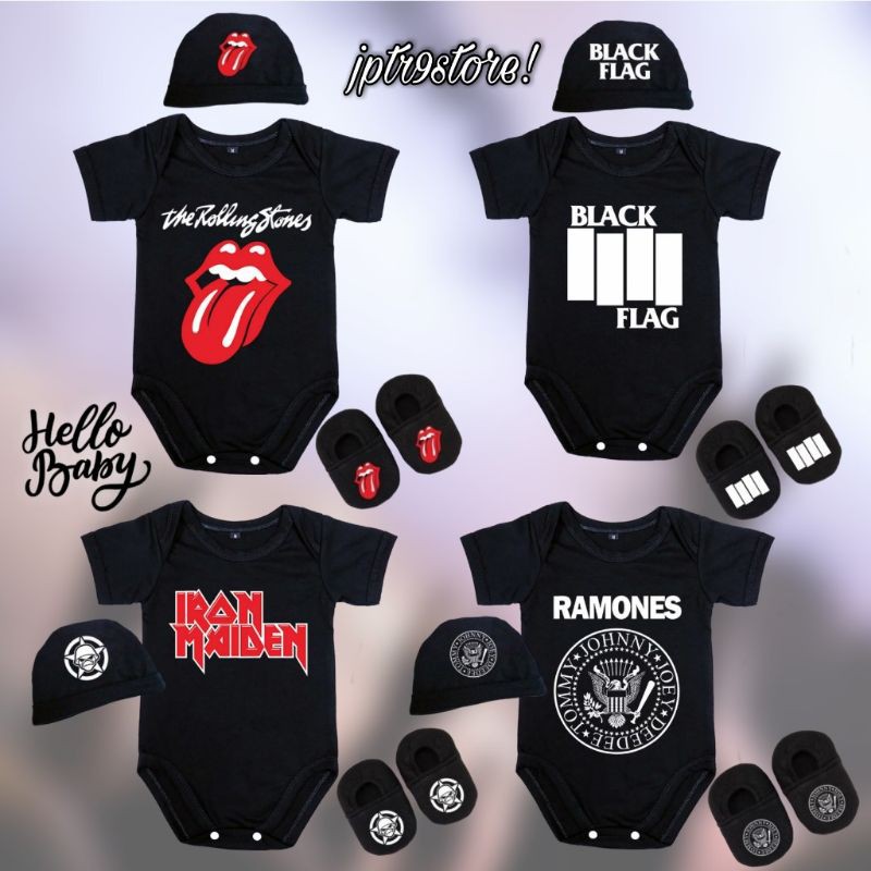 Baju Jumper Bayi Newborn Topi Dan Sepatu Musik Logo Band Rock Legend