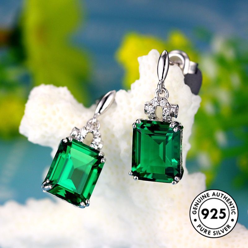 Anting Tusuk Sterling Silver 925 Desain Persegi Panjang Hias Batu Emerald Elegan Untuk Wanita