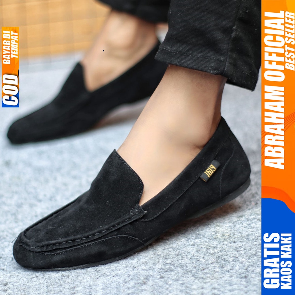 Sepatu Slip On Pria Sepatu Casual Pria Suede Kerja Kantor Kuliah Kondangan Sepatu Slop Pria Sepatu Hitam Pria MOODMAX ABRAHAM