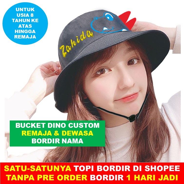 Topi Bucket Dino Custom Bordir Nama Dinosaurus Usia 8 Tahun ke atas