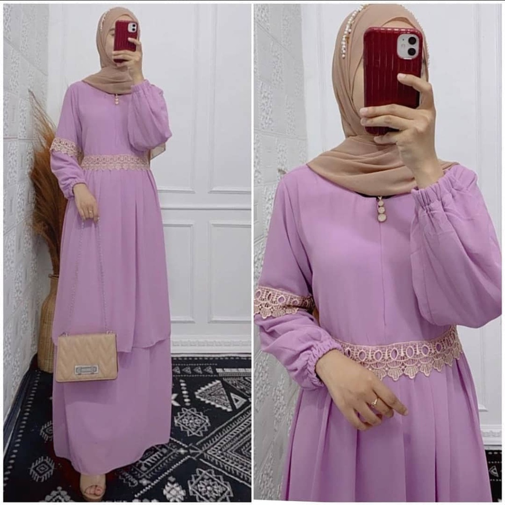 Gamis Dress Melayu Pakaian Muslim Wanita Ceruty Babydoll  Aplikasi Renda Kekinian Denada Dress